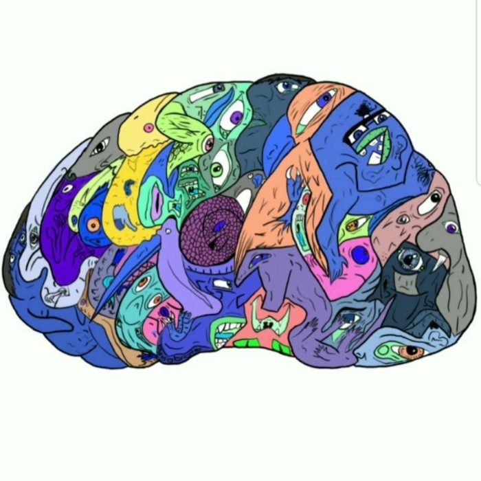A brain filled with colorful creatures