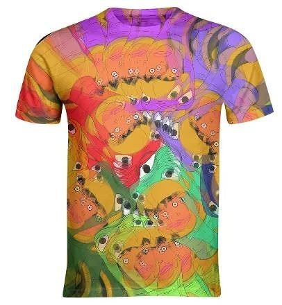Printed t-shirt with a swirling colorful pattern